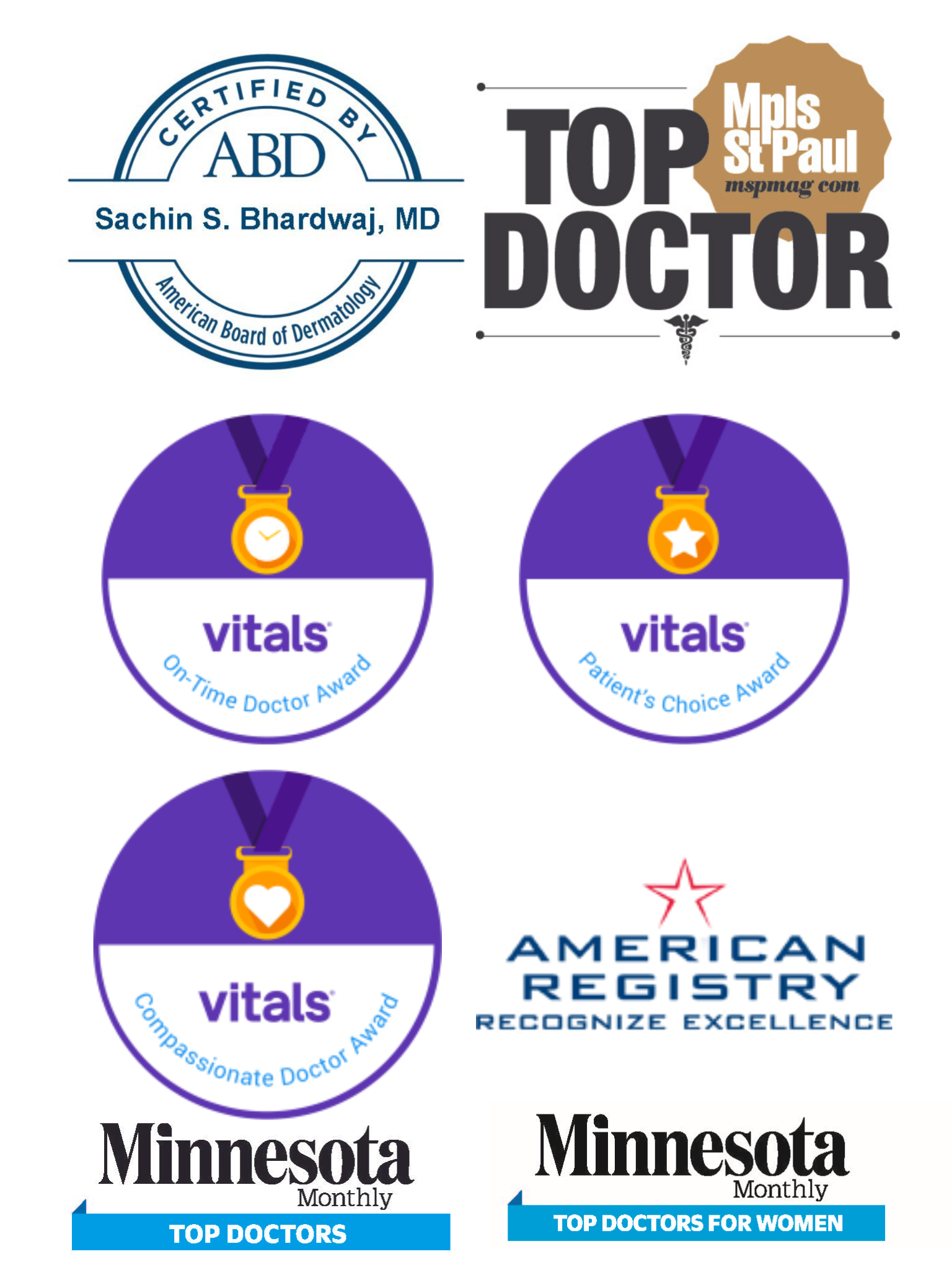 Various medical accolades and certifications, including top doctor awards and board certification for sachin s. bhardwaj, md, in the field of dermatology.