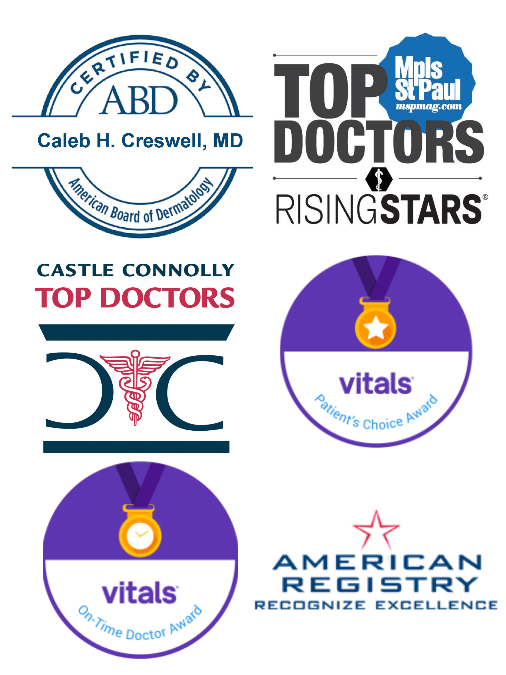 A collection of medical and professional recognition badges and awards, suggesting high achievement and endorsement from various medical boards and organizations.