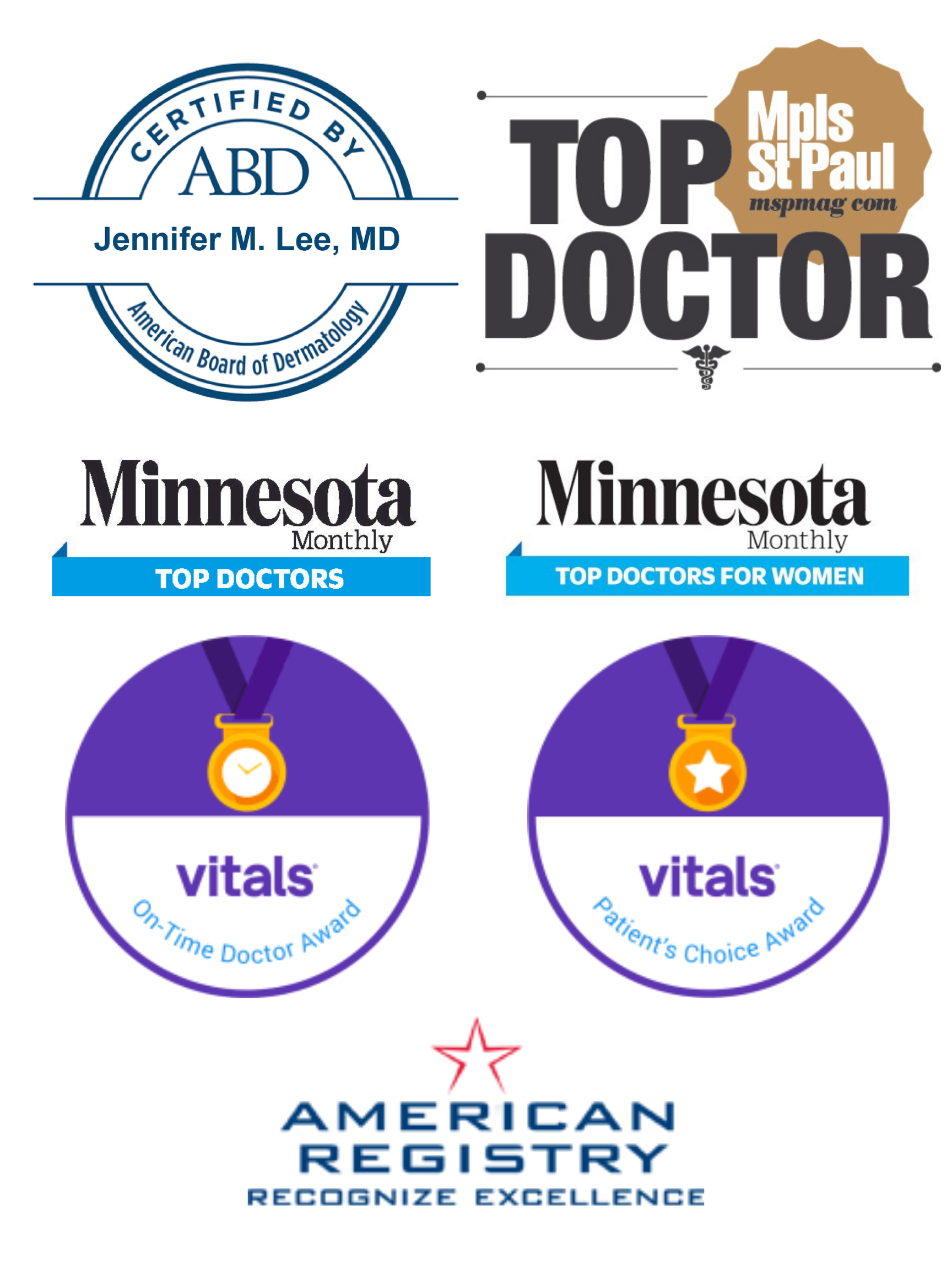 An assortment of medical accolade badges and logos from various organizations, signifying recognition of excellence in medical care and patient service.