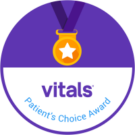 Vitals patients choice award with a purple ribbon and gold medallion featuring a star.