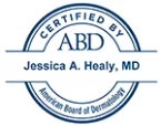 Blue and white certification seal indicating jessica a. healy, md is certified by the american board of dermatology (abd).