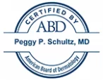 A circular certification seal from the american board of dermatology with the name poggy p. schultz, md indicating the individual is certified by the abd.