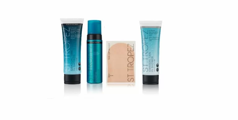 A line-up of five skincare or personal care products with blue and white packaging, displayed against a white background.