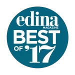 Award emblem for edina magazine best of 2017 featuring stylized text and graphics on a circular dark blue background.