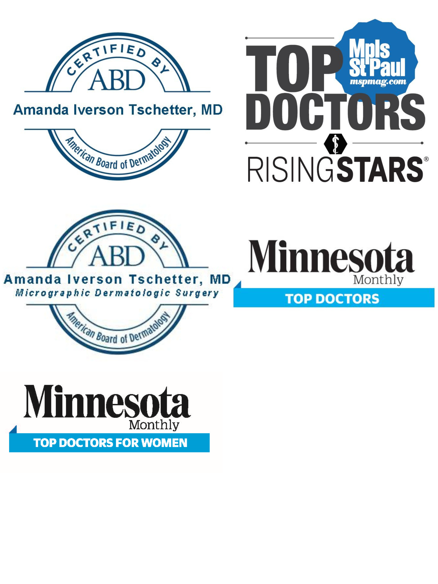 A collection of medical accolades and certifications showcasing a dermatologists recognition as a top doctor by various institutions and certification by the american board of dermatology.