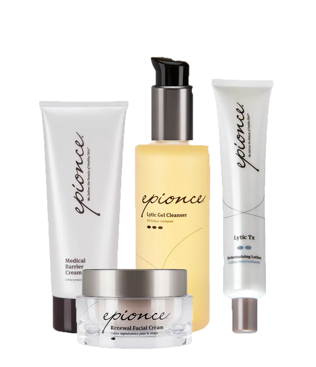 A collection of epionce skincare products including a medical barrier cream, lytic gel cleanser, renewing facial cream, and lytic tx retexturizing lotion, all arranged against a white background.