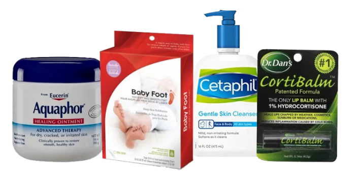 Four skincare products side by side, including a jar of aquaphor healing ointment, a baby foot exfoliation foot peel package, a cetaphil gentle skin cleanser bottle, and a tube of dr. dans cortibalm lip balm.