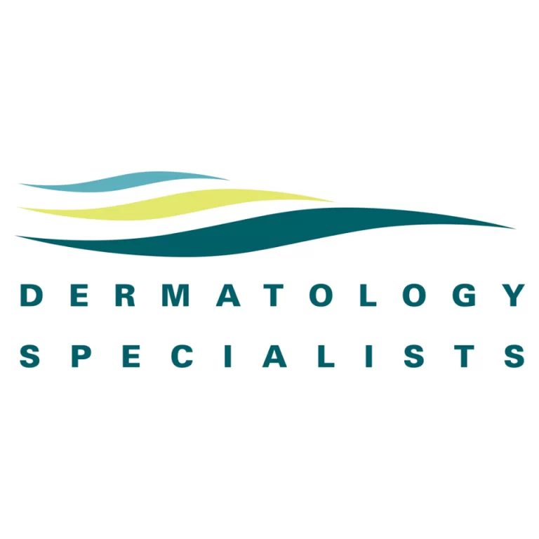 Logo of dermatology specialists with an abstract representation of a stylized landscape or waveform, incorporating a color palette of greens and blues to denote freshness, care, and medical expertise.