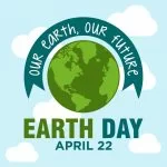 An earth day emblem with the globe at its center, flanked by green banners reading our earth, our future, celebrating earth day on april 22 against a sky-blue background with white clouds.
