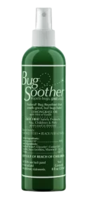 Green bottle of bug soother spray with white text detailing the products benefits and ingredients, designed to repel bugs.