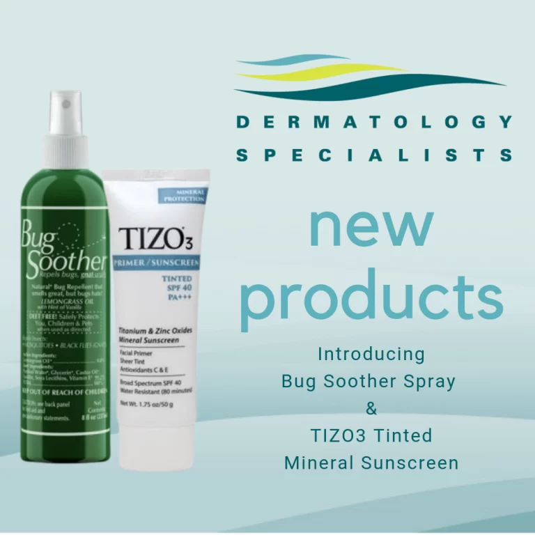 Stay protected and comfortable with dermatology specialists new arrivals: introducing our gentle bug soother spray and nourishing tizo3 tinted sunscreen for your skincare routine.