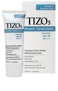A product display featuring two tubes of tizo3 facial sunscreen with spf 40, offering both mineral sun protection and a sheer tinted formula, showcased against a white background.