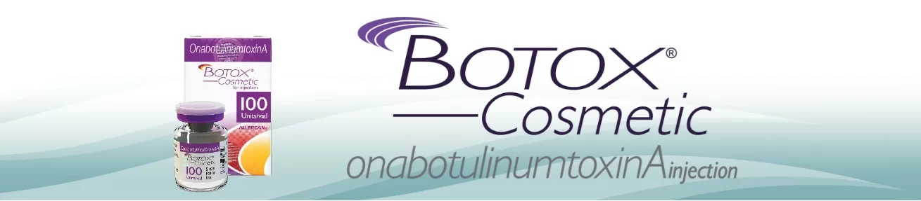 Botox cosmetic - vial and packaging prominently displayed with the brand logo and a description as onabotulinumtoxina injection for aesthetic use.