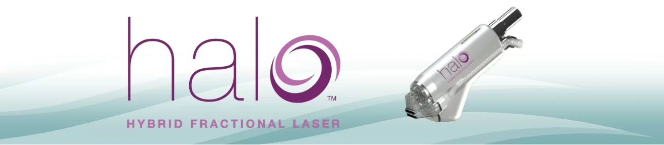 A sleek, modern-looking handheld halo hybrid fractional laser device set against a serene, gradient background with the halo logo prominently displayed.