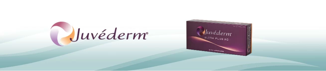 A juvederm brand logo alongside a product package of juvederm ultra plus xc, set against a soft, gradient background.
