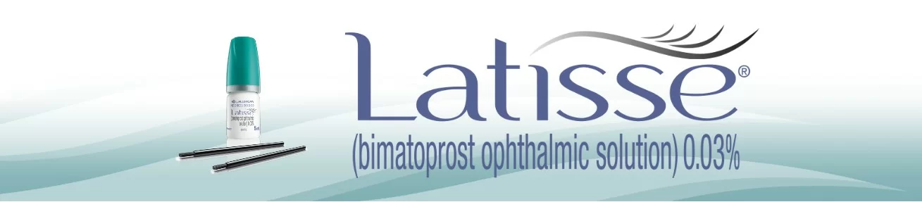 A promotional banner for latisse, featuring the product which is a bimatoprost ophthalmic solution, potentially used for eyelash growth, with eyeliner brushes to illustrate the beauty enhancement aim.