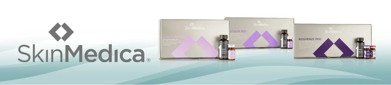 An advertisement showing a lineup of skinmedica skincare products with the brands logo prominently displayed.