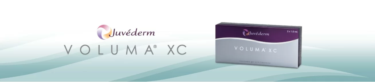Promotional image featuring juvederm voluma xc, a dermal filler product with its packaging displayed on a gradient background.