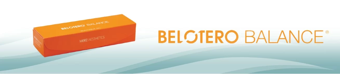 Belotero balance: a sleek, orange package floating gracefully over a wavy, serene blue background, suggesting equilibrium and well-being.