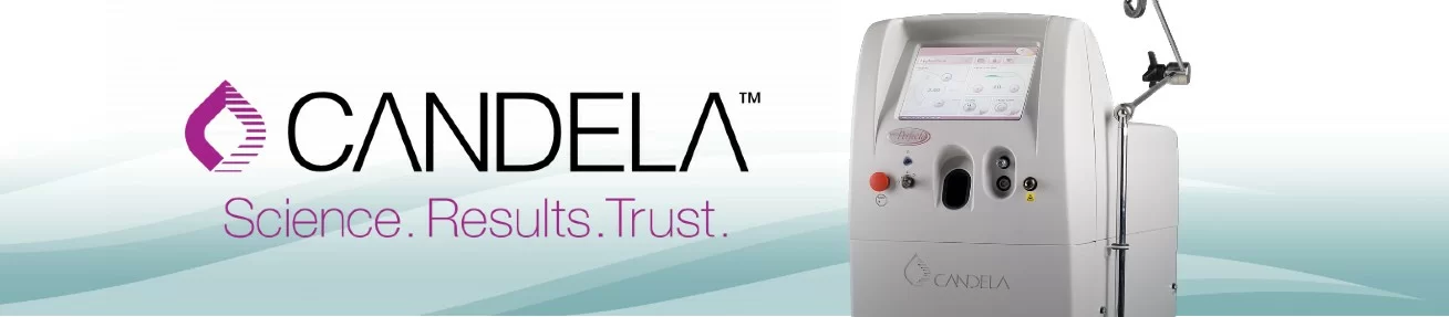 A candela-brand medical device designed for specialized treatments, showcasing a sleek design with digital controls, under the tagline science. results. trust.