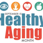 A colorful logo promoting healthy aging with icons representing vision, mindfulness, heart health, and nutrition.