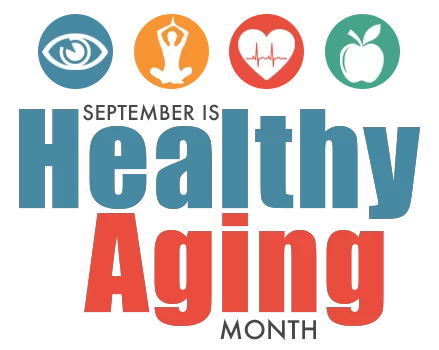 A colorful logo promoting healthy aging with icons representing vision, mindfulness, heart health, and nutrition.