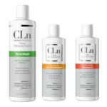 Three cln skincare products lined up, including a body wash, a gentle shampoo, and a scalp shampoo, each designed for sensitive and problematic skin.