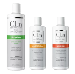 Three cln skincare products lined up, including a body wash, a gentle shampoo, and a scalp shampoo, each designed for sensitive and problematic skin.