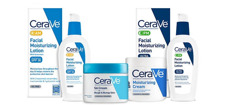 A lineup of cerave skincare products including facial moisturizing lotions with spf, a moisturizing cream, and sa cream for rough and bumpy skin.