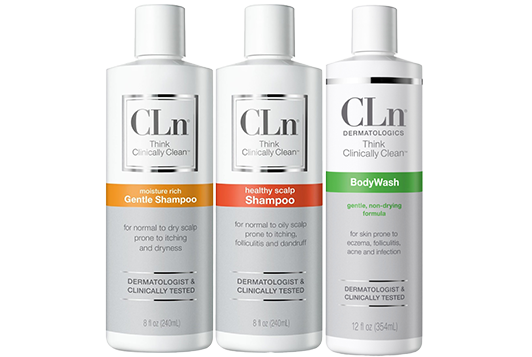 A trio of personal care bottles from cln, featuring moisture rich gentle shampoo, healthy scalp shampoo, and bodywash, each labeled as dermatologist and clinically tested for various skin needs.