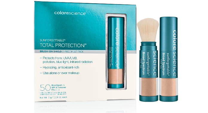 A product display featuring colorescience sunforgettable total protection brush-on shield spf 50, showcasing the packaging box along with an open and closed brush-on applicator.