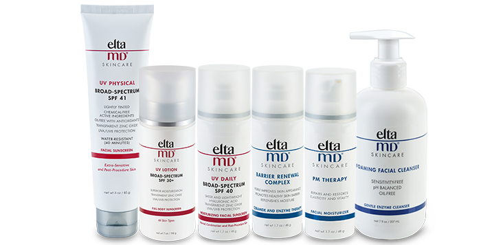 A range of eltamd skincare products including sunscreen, moisturizer, and cleansers on a white background.