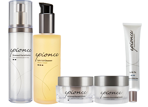A collection of luxury skincare products by epionce, including a renewal facial lotion, a lytic gel cleanser, a renewal eye cream, and an intensive nourishing cream, arranged neatly against a white background.