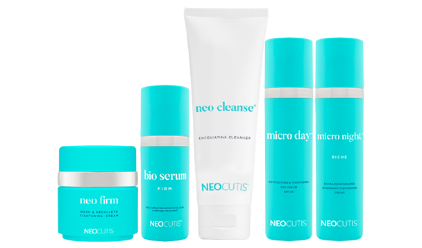 A collection of neocutis skincare products, including cleanser, day and night creams, and serum, arranged against a white background.