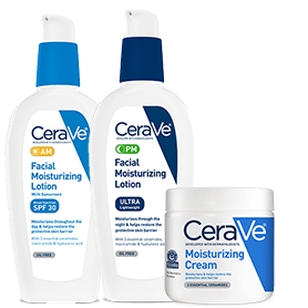 A collection of cerave skincare products including a daytime facial moisturizing lotion with spf 30, a nighttime facial moisturizing lotion, and a tub of moisturizing cream for daily use.