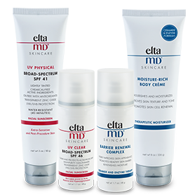 A collection of eltamd skincare products including broad-spectrum sunscreens and a moisturizing body cream, designed to protect and nourish the skin.