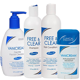 A collection of personal care products including a gentle facial cleanser, shampoo, hair conditioner, and clinical strength antiperspirant deodorant, all from the free & clear and vanicream brands, known for their sensitive skin formulations.