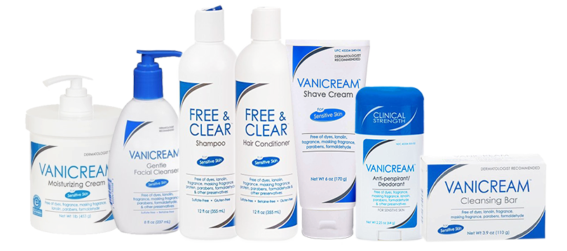 A range of vanicream skincare and personal hygiene products, including moisturizing cream, gentle facial cleanser, shampoo, hair conditioner, shave cream, antiperspirant deodorant, and a cleansing bar, all designed for sensitive skin.