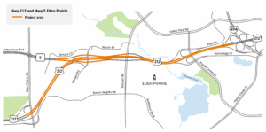 Map showing the Hwy 212 and Hwy 5 project area in Eden Prairie, Minnesota, highlighted in orange, with key roads, highways, and landmarks labeled, including Mitchell Rd, Eden Prairie Rd, and Anderson Lakes Pkwy.