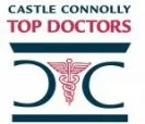 The image shows a logo with the words castle connolly top doctors above a stylized design incorporating the medical caduceus symbol with the initials cc flanking it on both sides.