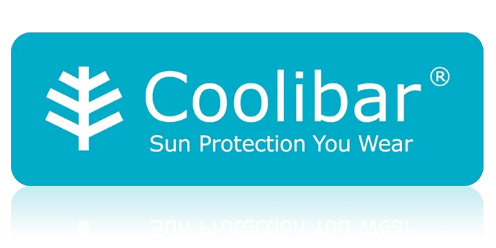 The image shows a logo of the brand coolibar, which specializes in sun protective clothing. the tagline sun protection you wear emphasizes their focus on clothing designed to protect the skin from harmful uv rays. the logo design features a stylized representation of a tree or a leaf, symbolizing nature and possibly the protection it offers. the logo is predominantly in a turquoise color with white text.